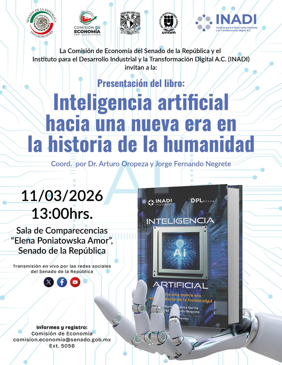 📌 El senador <a href="/EmmanuelReyesC/">Emmanuel Reyes</a> invita mañana a la presentación del libro “Inteligencia artificial hacia una nueva era en la historia de la humanidad”.

🗓️ 11 de marzo.
🕒 13:00 horas.
📍 Senado de la República.