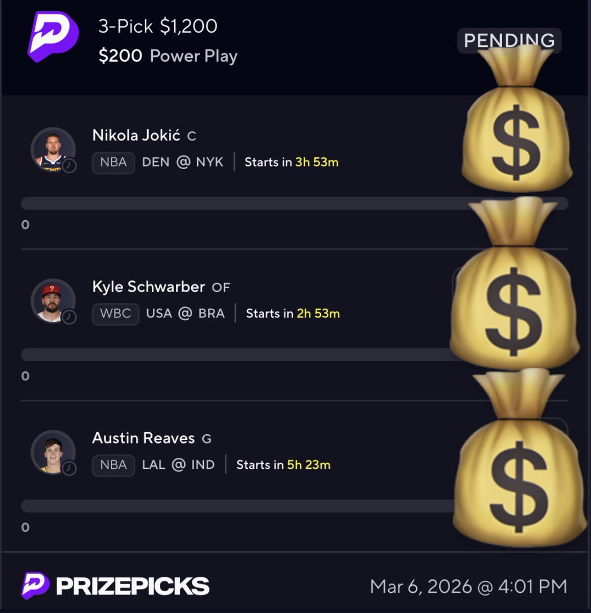 CeoBagChasers's tweet photo. Just locked this PrizePicks slip for 1.2K 👀

Dropped it in the discord, First 20 people get in FREE ⬇️
https://t.co/qkE2qDSgA8

#PrizePicks #nhl #CS2 #fanduel #GamblingTwiiter #parlay #gamblingx #nba  #nfl  #cod #MLB #PrizePicksNBA #prizepicksmlb #NFLTwitter#PrizePicks #nhl #CS2 https://t.co/qyj6xBDYdt