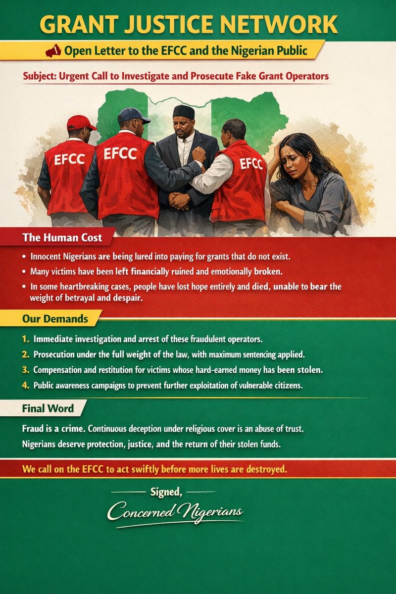 🚨Open Letter to the EFCC and Nigerian Public.
Fake grant operators have deceived Nigerians for over a decade.
📜 Under the Advance Fee Fraud Act (2006), this crime carries up to 20 years imprisonment. No fine. No mercy.
<a href="/officialEFCC/">EFCC Nigeria</a> <a href="/IntlCrimCourt/">Int'l Criminal Court</a> <a href="/UN_HRC/">UN Human Rights Council</a> <a href="/CNBC/">CNBC</a> <a href="/RepRileyMoore/">Rep. Riley M. Moore</a>