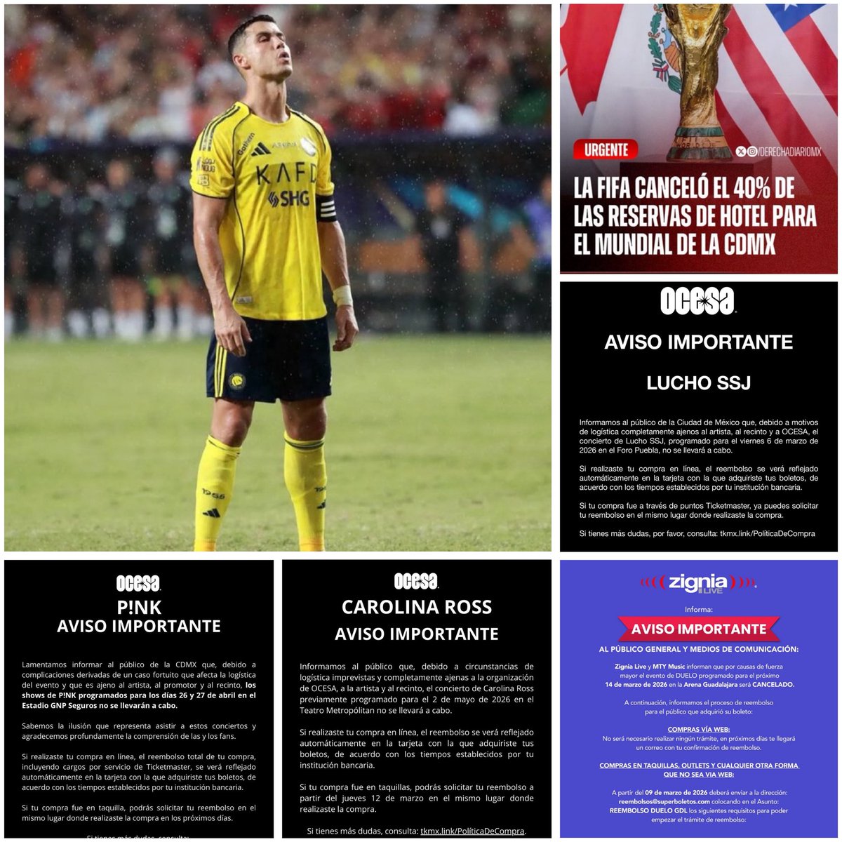 ar2_mx's tweet image. :#Ar2Reflexión🦎🤔:
MÉXICO está de moda diría Sheinbaum…
pero para hacer LIBERACIONES 🤣

Primero fue @FIFAcom, hoy le siguieron Cristiano Ronaldo, Pink y otros tres eventos más que han sido CANCELADOS. Más allá de si son o no conocidos la gente se pregunta ¿Qué está pasando?