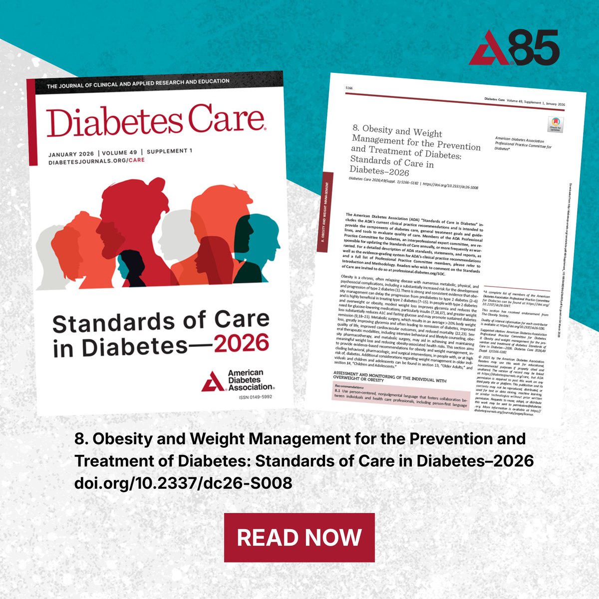 ADA_DiabetesPro's tweet photo. 📚 Standards of Care in Diabetes—2026, Section 8: Obesity and Weight Management for the Prevention and Treatment of  Diabetes
This section outlines guidance on assessment and monitoring for people with diabetes &amp; overweight or obesity.
 
👀 https://t.co/Amvlu26FlO

#ADAStandards https://t.co/qXTAHTDHTB