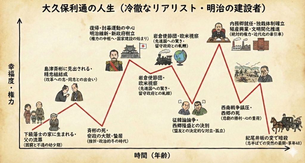 careersteps00's tweet photo. 大久保利通
相対せば北海の氷山の如くと言われるが、日記が多数あり、内面も図れるおじさん。
このグラフのような内面葛藤があったと思われるので、非常に胃が痛そう…。
誰の人生にも起伏がある。
人生の振り返りって大事。
あなた自身も考えてみてください。
#自己理解 #ライフラインチャート #大人の学び直し #大久保利通