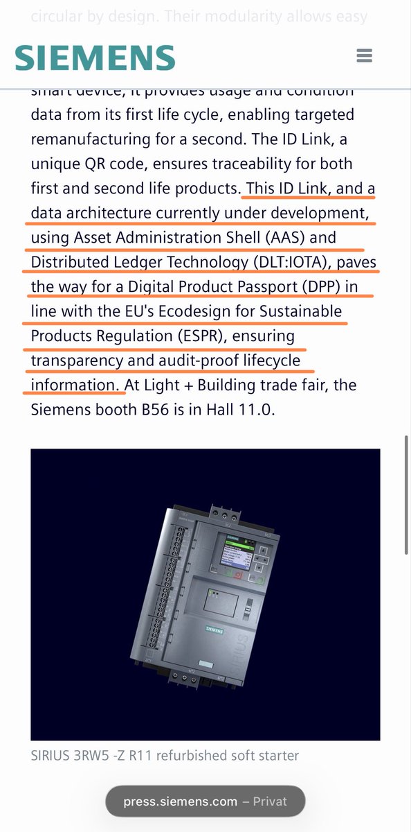 👀
Interesting detail in the Siemens announcement.

Alongside the new semiconductor-based circuit protection and circular soft starter, <a href="/Siemens/">Siemens</a> anchors product data on a distributed ledger using $IOTA. ⚡️⚡️⚡️

Why does that matter?

Because when industrial products become part