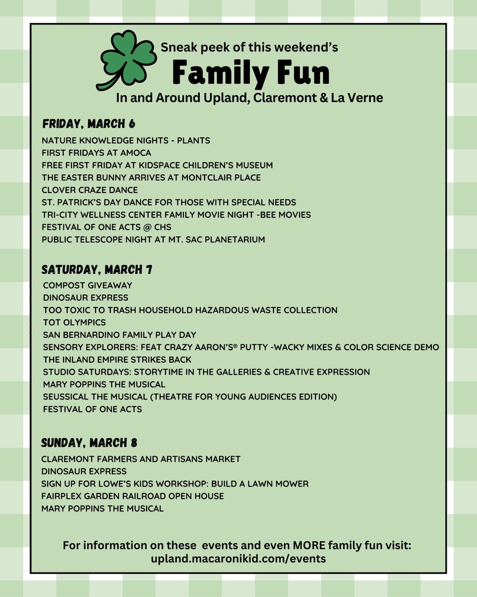 MacKidUpland's tweet photo. 🍀 Weekend fun around Upland, Claremont &amp; La Verne.
Musicals, museum days, science demos, markets, and more.
Full calendar → https://t.co/iwYDld2OfC https://t.co/kMzWiSFrRi