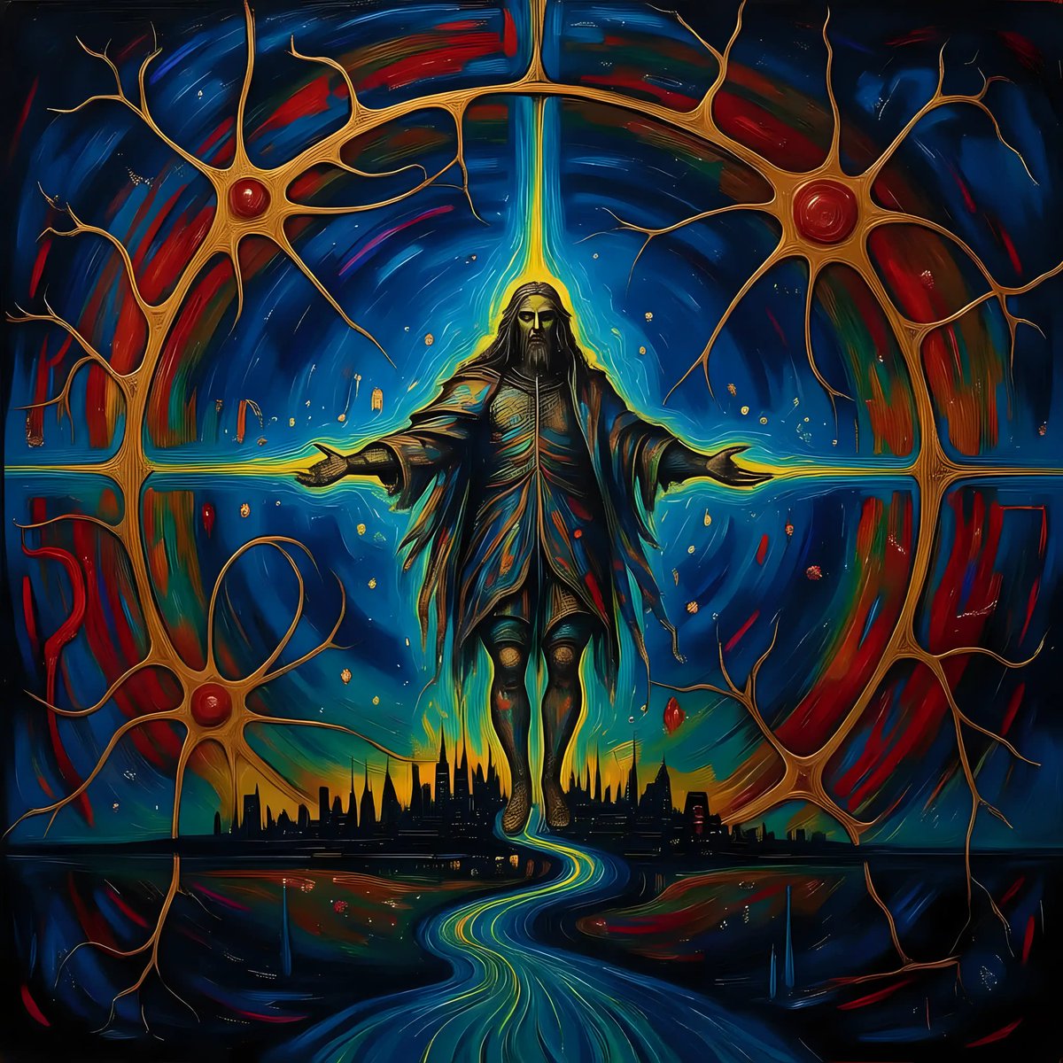 Cosmic Neurons and Human Consciousness :
​This My artwork proclaims that human beings are not merely made of flesh and bone; it cries out that every single thought and every neural transmission is, in fact, part of a universal flow.
#art #Arte #oiloncanvaspainting #AbstractArt