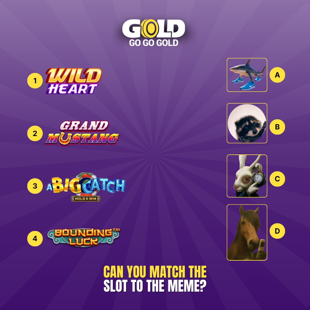 GoGoGoldWin's tweet photo. For some free spins, can you match the memes to their slots? 👀

🔁 + Comment the correct answer with your user ID to have a chance to win! https://t.co/eJfS36rjrC