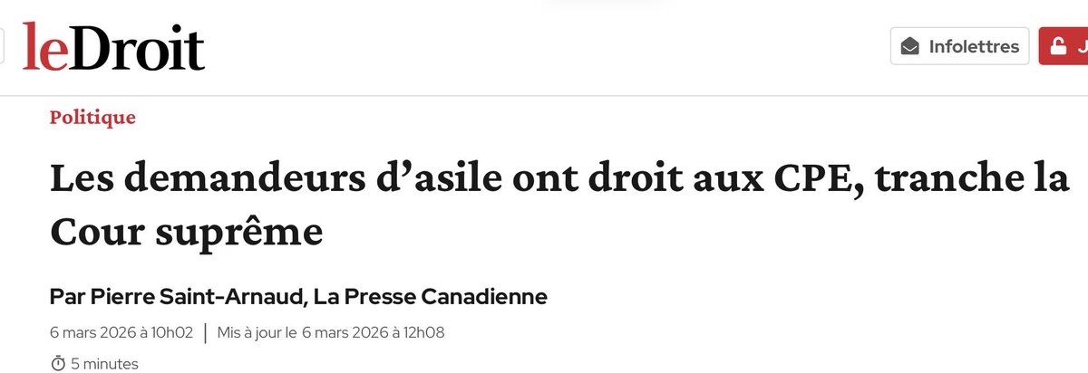 MaximeBernier's tweet photo. Ce jugement aura des répercussions majeures, car il ne fait aucune distinction entre un citoyen canadien et un non-citoyen, dans ce cas-ci un demandeur d’asile. 

Selon la Cour suprême, les deux ont les mêmes droits.

En vertu de ce jugement, il serait impossible pour un gouvernement provincial ou pour le gouvernement fédéral de prioriser les citoyens canadiens dans l’octroi des services publics.

Par exemple, il serait impossible de :

· réserver aux seuls citoyens canadiens l’admissibilité aux programmes financés par une province ou par le fédéral tels que: les soins de santé, l’éducation et les autres services sociaux ;

· imposer des frais aux non-citoyens pour l’utilisation du système de santé ou d’éducation ;

· conditionner l’accès des non-citoyens aux services sociaux à une certaine période de travail au Canada ;

· assurer la priorité aux citoyens canadiens pour l’accès au logement social subventionné;

. accorder la priorité aux citoyens canadiens pour des emplois dans la fonction publique.

J’appuie le gouvernement du Québec dans sa volonté d’utiliser la clause dérogatoire pour adopter une loi qui donnera la priorité aux citoyens canadiens.