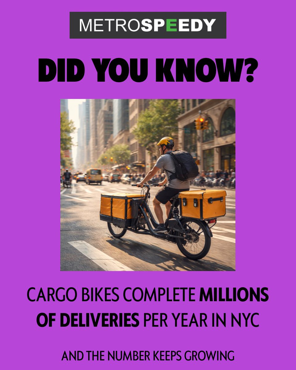 Cargo bikes are becoming a serious force in NYC logistics.

They avoid congestion, reduce emissions, and move faster in dense neighborhoods.

The future of last-mile isn’t always four wheels. ⚡
#metrospeedy #cargobike #sustainabledelivery #nyclogistics #nycdelivery