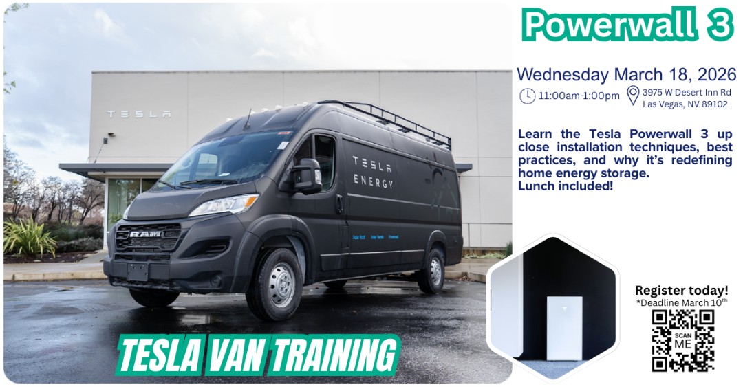 Las Vegas Good news it's not too late to sign up!  
Join us for a Lunch &amp; Learn with hands‑on Tesla Powerwall 3 training installation tips, best practices, and why it’s a game‑changer for home energy.

codaleteslalasvegas.events.sonepar.com