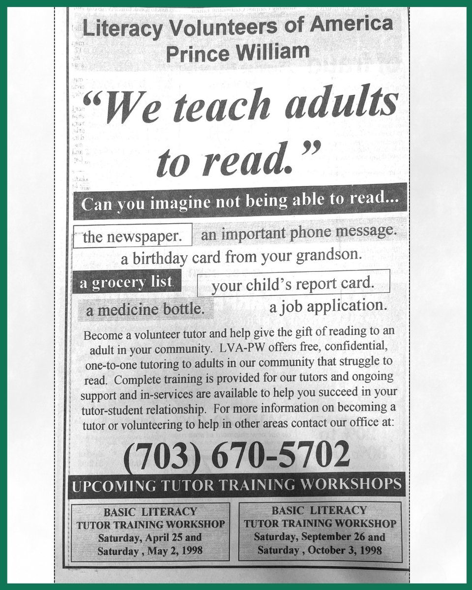 LVA_PW's tweet image. Look at this LVAPW newspaper ad from 1998!

For decades, our mission has stayed the same: helping adults gain the skill of reading. LVA-PW continues this work with dedicated volunteers and determined adult learners across our community.💙Literacy changes lives!!

#FlashbackFriday