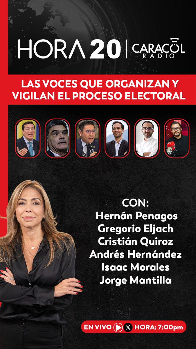 #Hora20 | Esta noche:

Las voces que organizan y vigilan el proceso electoral 

Con: Hernán Penagos, Gregorio Eljach, Cristian Quiroz,<a href="/GAndres_HM/">Gerardo Andres Hernandez M</a>, <a href="/IsaacMoPe/">Isaac Morales</a> y <a href="/jmantillaba/">Jorge Mantilla</a>

🎙️ Dirige: <a href="/DianaCalderonF/">Diana Calderón</a>

🔴▶️ Conéctate a las 7:00 p. m. aquí: caracol.com.co