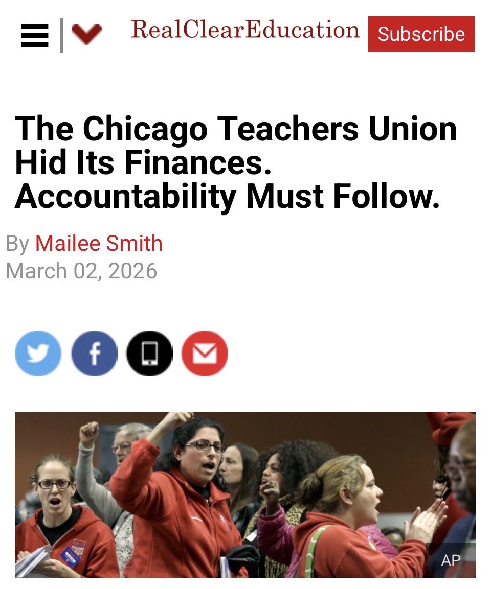 1in5advocacy's tweet photo. 🚨 The U.S. Department of Labor (@USDOL) needs to investigate the Chicago Teachers Union (CTU) for violations related to delayed financial audits, inconsistent reporting, and transparency issues under relevant labor laws.

@RCPolitics' Mailee Smith’s new article alleges that the CTU withheld its financial audits for FIVE YEARS in violation of its legal and bylaw obligations to provide them annually to members, only releasing them in January 2026 after pressure from a member lawsuit, congressional scrutiny, and public criticism. It highlights discrepancies in CTU's reporting—including contradictory statements about audit completion, adverse auditor opinions on incomplete financials that excluded related entities like the CTU Foundation, heavy political spending (nearly $6.5 million in recent elections while only 18% of funds went to teacher representation), and lavish expenditures—arguing that these issues demand regulatory investigation and greater accountability to protect members and the public. 

ABOLISH THE TEACHERS' UNIONS!