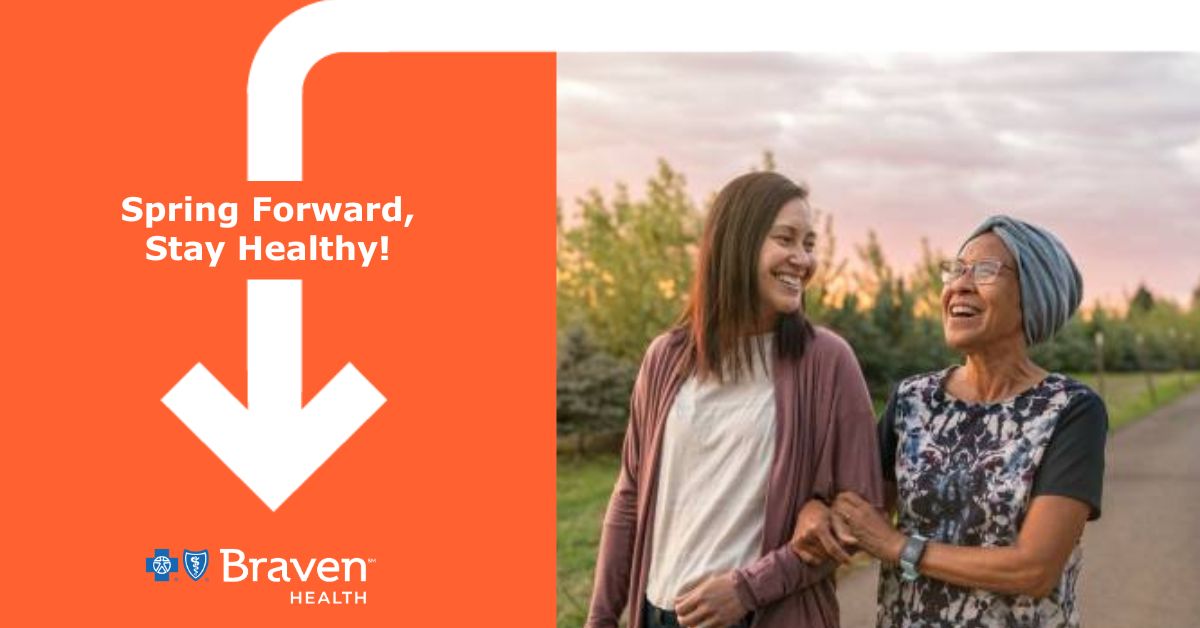 BravenHealth's tweet photo. Daylight Savings Time begins this Sunday. Remember to set your clocks ahead one hour. Enjoy the extended daylight by taking an evening walk to improve circulation and heart health, or getting more natural Vitamin D to improve your mood. https://t.co/Ohr8Pe5tMJ