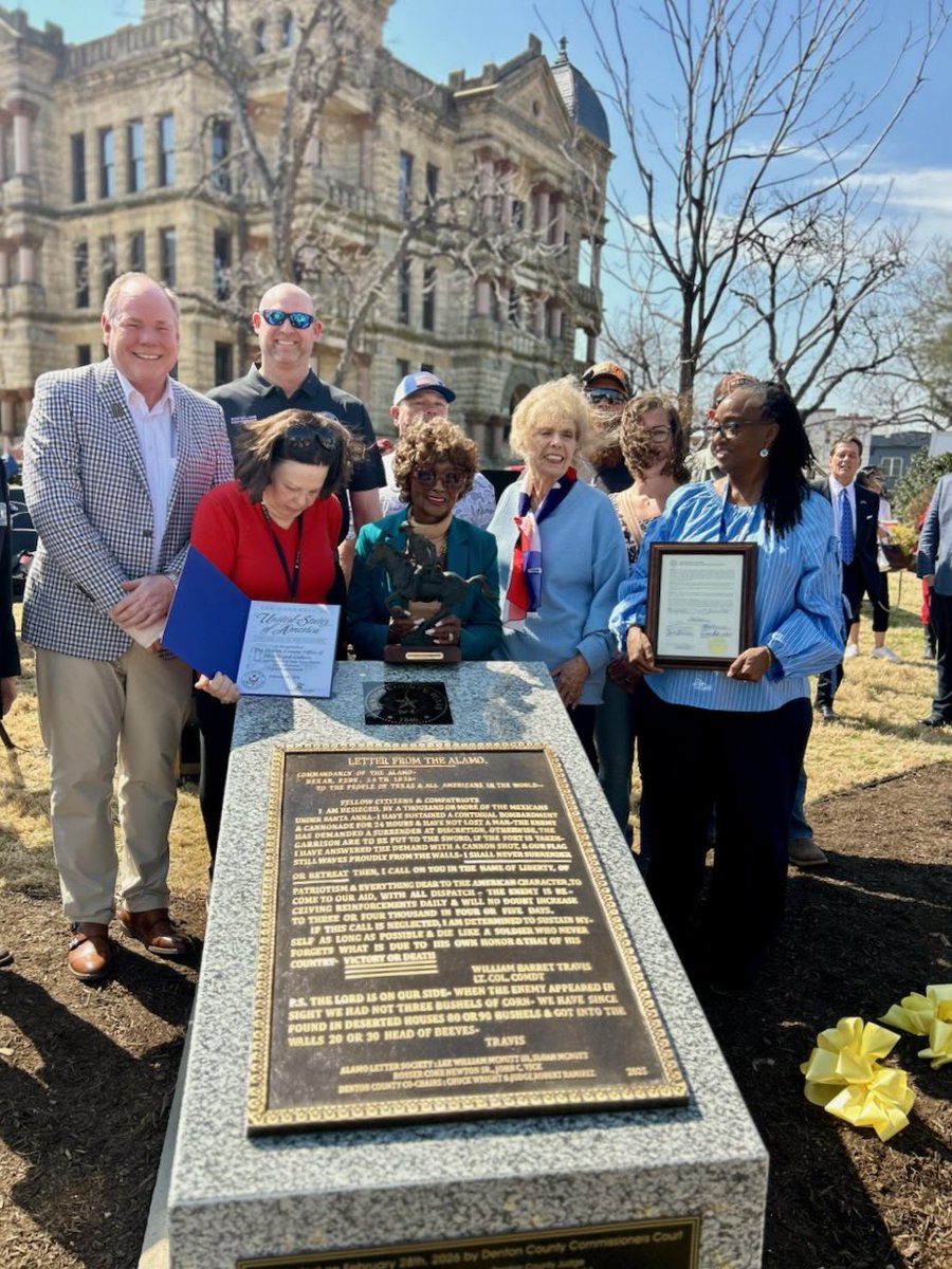 Alamo_Letter's tweet photo. Another amazing ALS Travis Letter plaque dedication at the Denton County Courthouse on February 28th, 2026. Thank you to all who contributed to this dedication &amp; all in attendance! #AlamoLetter #Alamo #RememberTheAlamo #TravisLetter #AlamoLetterSociety https://t.co/XmR27kKVXT