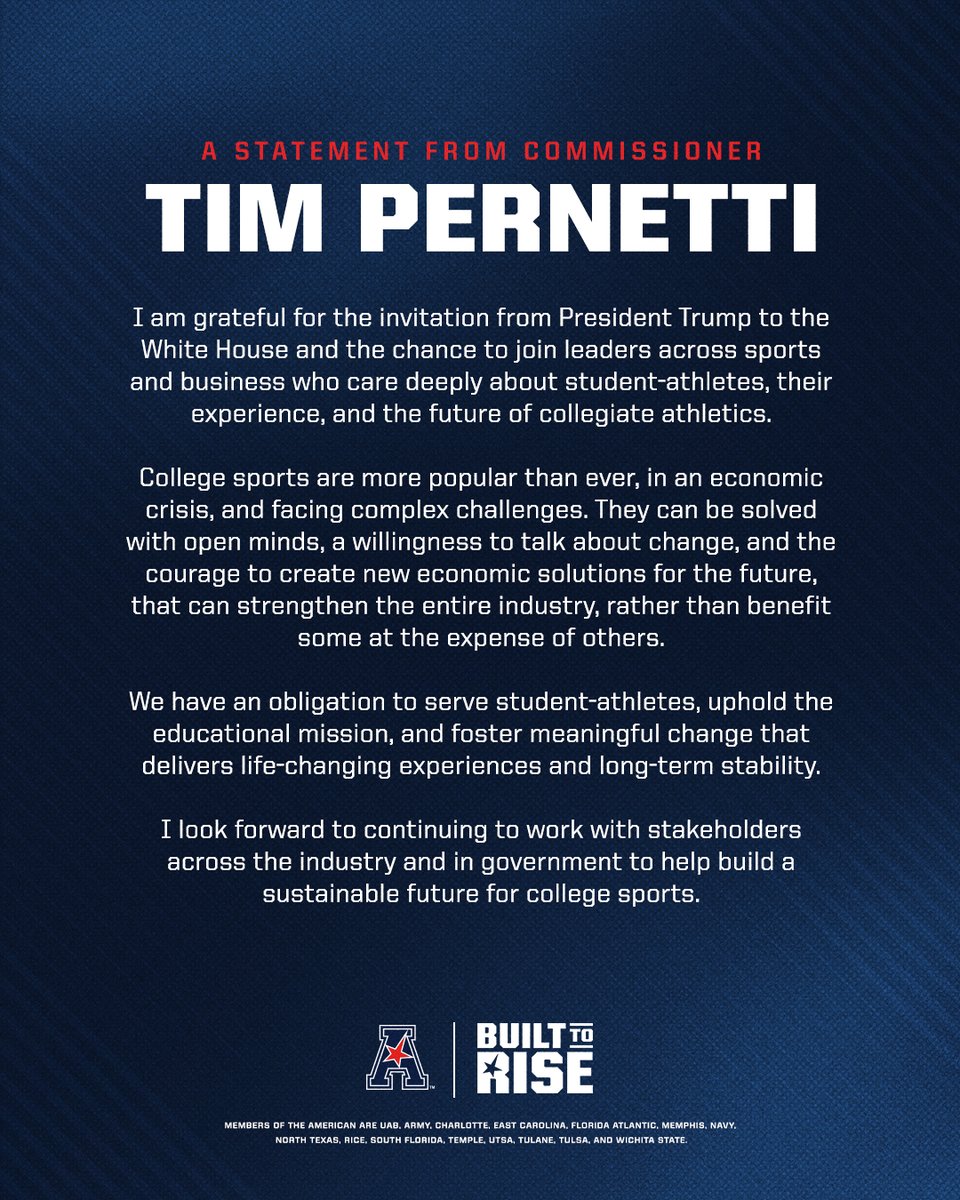 A statement from Commissioner Tim Pernetti on today's discussions at the White House.

#BuiltToRise