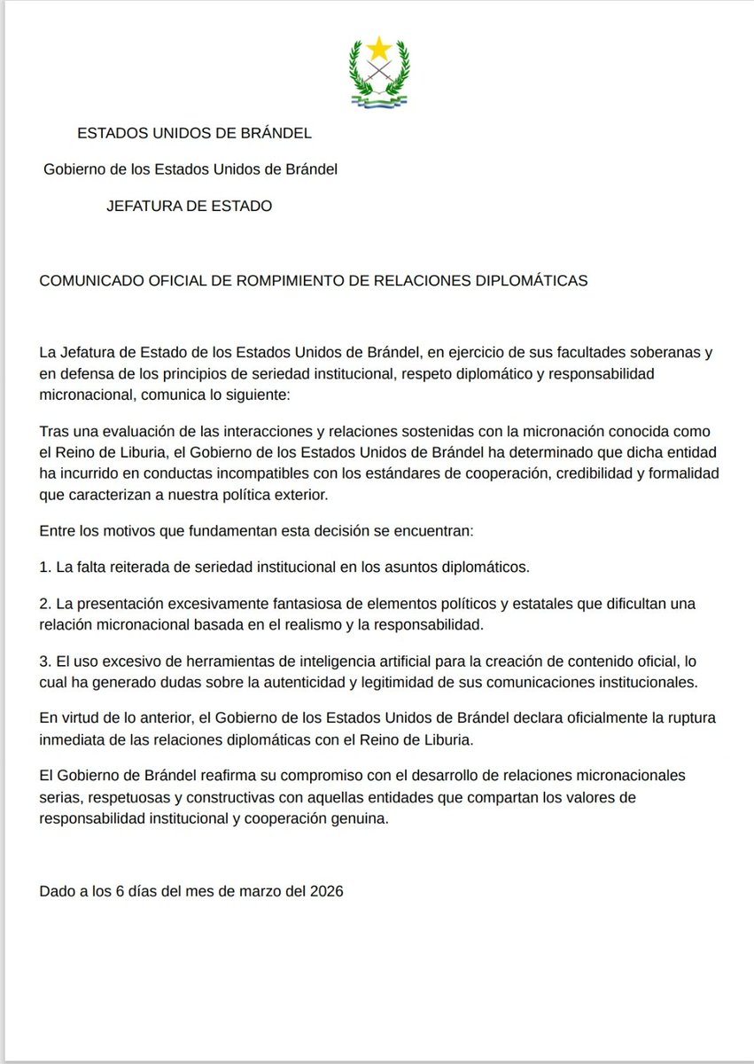 EubDe64220's tweet photo. Rompimiento de las relaciones diplomáticas con el Reino de Liburia https://t.co/3IHLTyBR8R