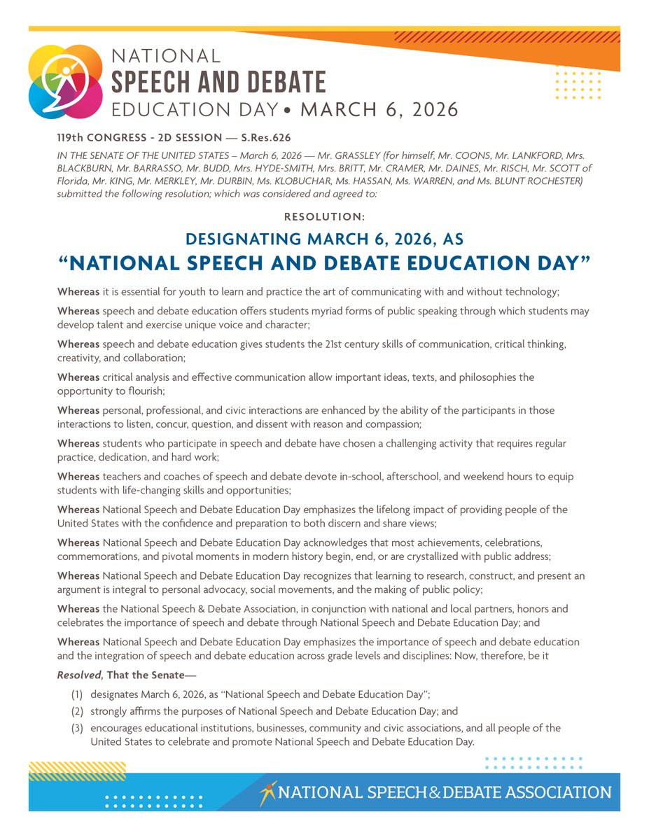 It's officially #NSDEDay! 🎉The US Senate passed our resolution declaring March 6, 2026 National Speech and Debate Education Day in a unanimous decision. Thank you to our senators who sponsored and cosponsored this bipartisan resolution. ➡ bit.ly/4d5KkHC