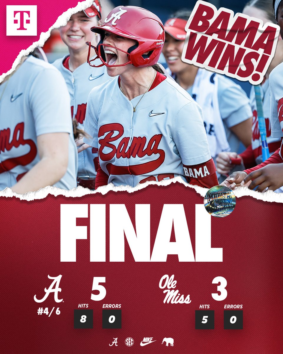 AlabamaSB's tweet photo. Game one of Friday's doubleheader goes to the Crimson Tide!

#Team30 #RollTide | @TMobile https://t.co/JsmFIfDSj9
