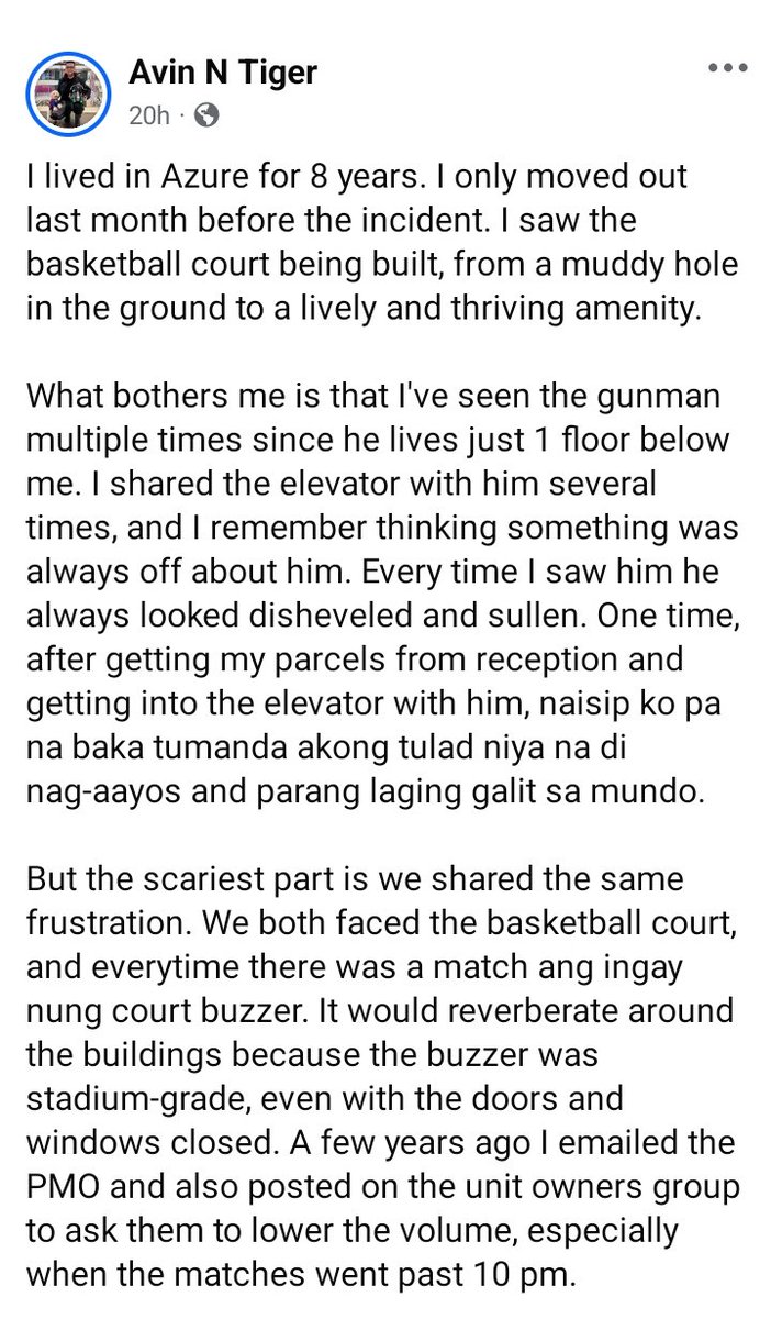 DeusXMachina14's tweet photo. Former resident of Azure Residences posts interesting details about the gunman in the senseless brutal mass shooting in the condominium complex in Paranaque. The trigger was the court buzzer which irritates the residents. But a cold blooded murder  is not the way to go. https://t.co/hTgjkju28u