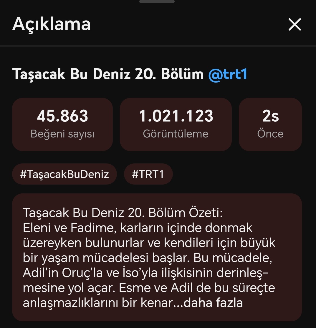 Leyla963339's tweet image. Bölüm 2 saatte 1 milyondan fazla görüntüleme aldı👏 #TasacakBuDeniz #trt