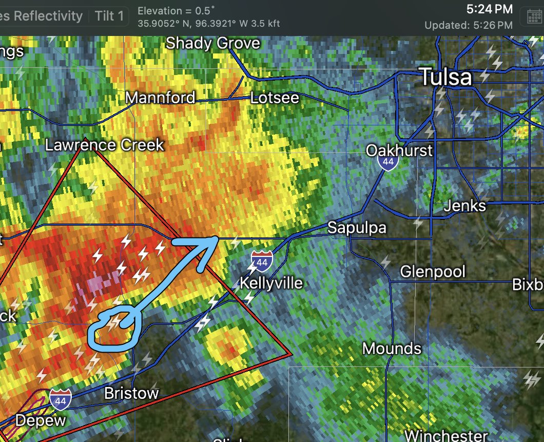 USWeatherExpert's tweet image. #Tornado now confirmed by storm chasers and lofted debris on radar. Get into shelter in the polygon and just beyond from Kellyville and points northwest. 

IF it holds together, it will approach the #Tulsa Metro.