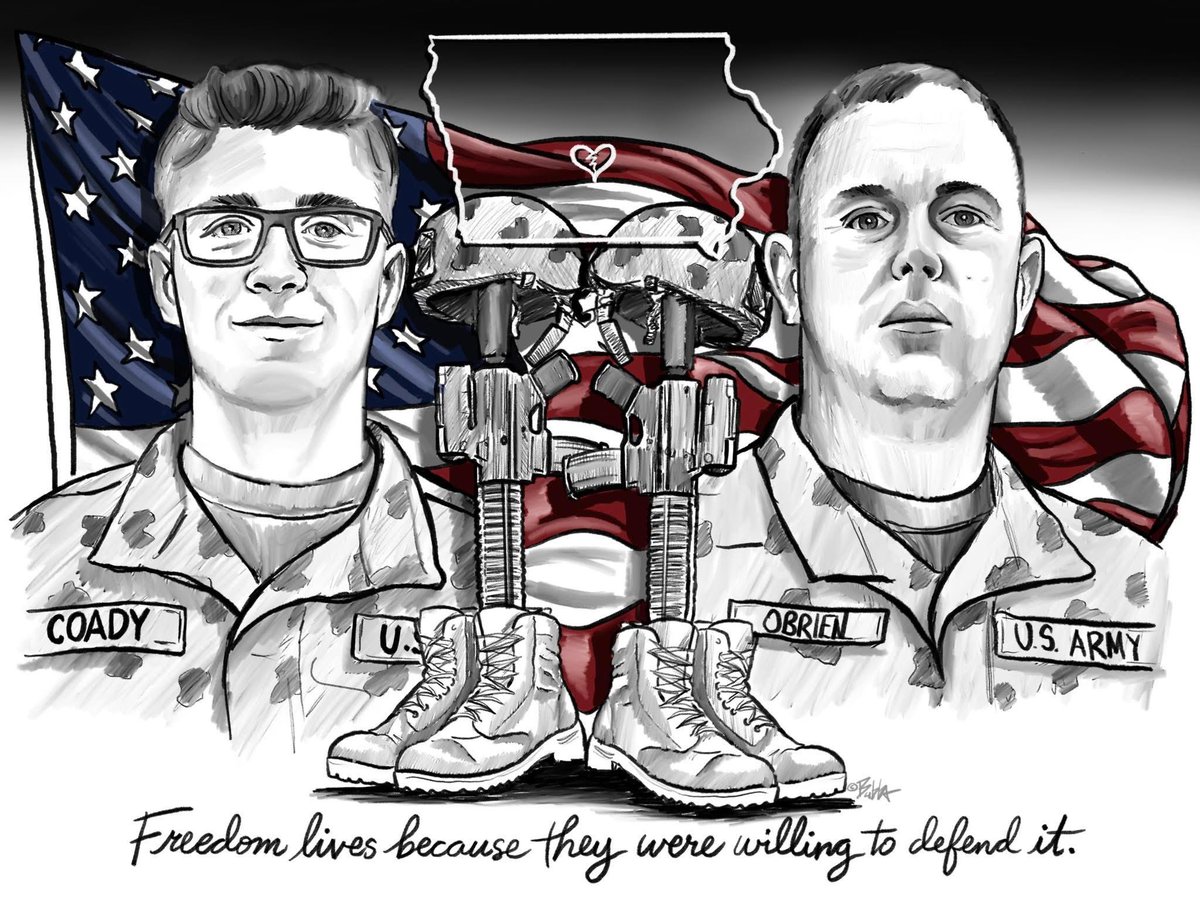 I can’t contribute much, but I like to create artwork to honor those who serve our country. I don’t always get to put as much time and effort into these sketches as I would like, but here is a rough tribute honoring two Iowa soldiers who gave their lives in the recent Iranian