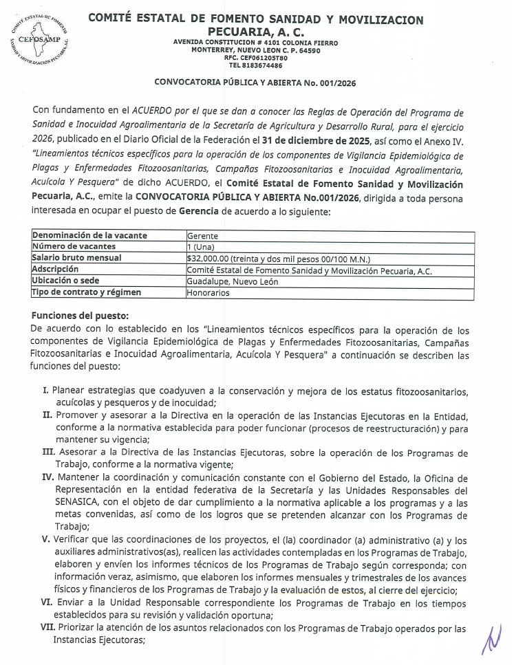 Compartimos Convocatoria Pública y Abierta No. 01/2026 dirigida a todos los interesados en ocupar el puesto de Gerencia en el #CEFOSAMP, misma que podrás consultar la bases en la siguiente liga:

cefosampnl.com/documentos/001…