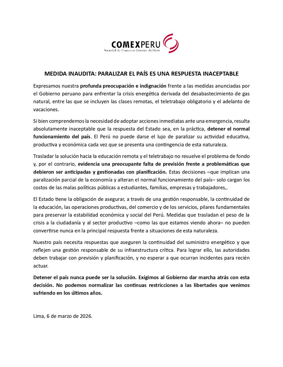 🚨 #Comunicado | Paralizar el país no puede ser la respuesta

Desde #ComexPerú expresamos nuestra preocupación frente a las medidas anunciadas para enfrentar el desabastecimiento de gas natural, como clases remotas, teletrabajo obligatorio y adelanto de vacaciones.

El Perú no
