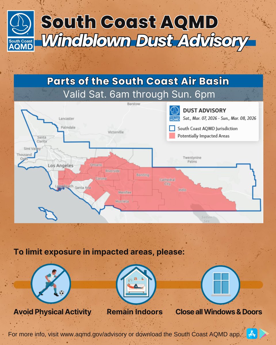 SouthCoastAQMD's tweet image. WINDBLOWN DUST #ADVISORY (Saturday, March 7 - Sunday, March 8):
South Coast AQMD expands windblown dust advisory for parts of the South Coast Air Basin and the Coachella Valley. High winds may cause PM10 levels in the Hazardous AQI category. aqmd.gov/advisory