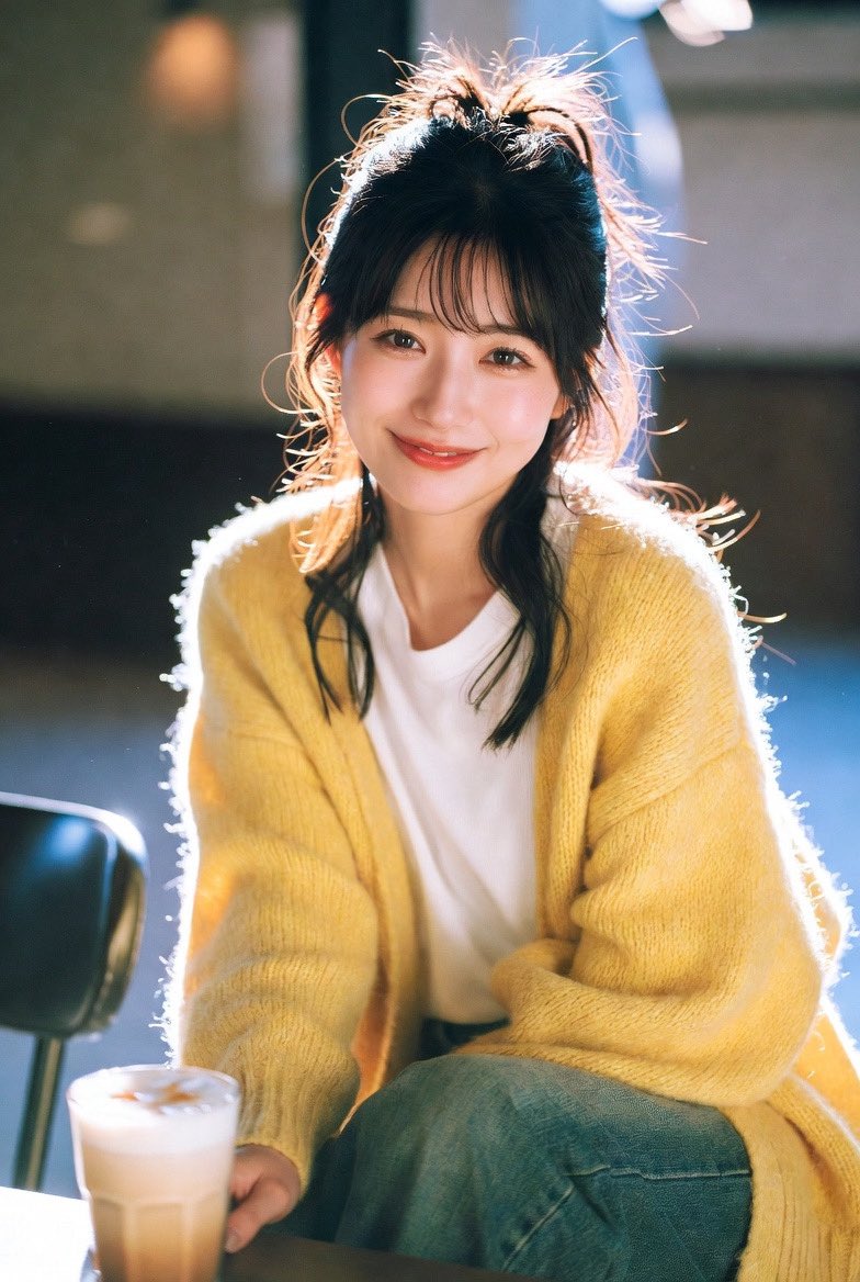 ryobizyoAI's tweet photo. 【休日の昼下がり、向かいの席の彼女が可愛すぎて会話が入ってこない】

「ここのラテ、美味しいね」と無邪気に笑う彼女。
窓から差し込む西日が、無造作にまとめたお団子ヘアとイエローのカーディガンをふんわりと透かしている。
いつもは少しクールな彼女が、陽だまりの中で見せるこんなにも無防備で優しい表情。

ただコーヒーを飲んでいるだけなのに、その眩しさにすっかり見惚れてしまって、俺はさっきから気の利いた相槌すら打てずにいる。