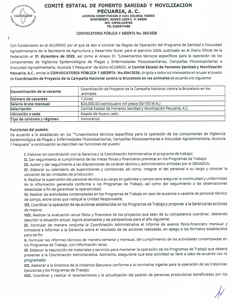 Compartimos Convocatoria Pública y Abierta No. 04/2026 dirigida a todos los interesados en ocupar el puesto de Coordinador(a) de la Campaña Nacional contra la Brucelosis, en el #CEFOSAMP, misma que podrás consultar la bases en la siguiente liga:

cefosampnl.com/documentos/004…