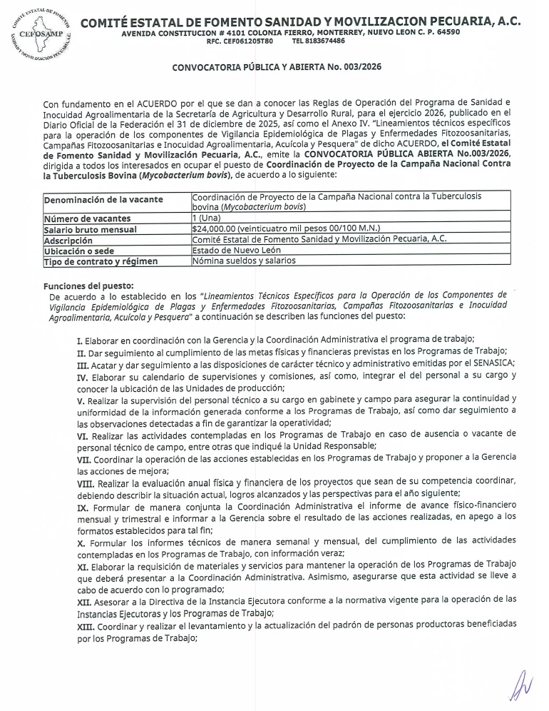 Compartimos Convocatoria Pública y Abierta No. 03/2026 dirigida a todos los interesados en ocupar el puesto de Coordinador(a) de la Campaña Nacional Contra la Tuberculosis Bovina en el #CEFOSAMP, misma que podrás consultar la bases en la siguiente liga:

cefosampnl.com/documentos/003…