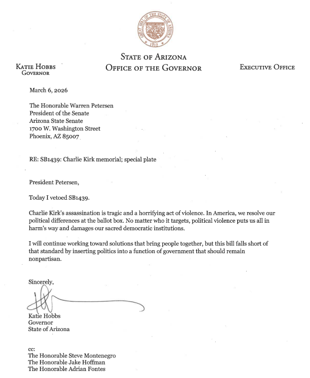 JUST IN <a href="/GovernorHobbs/">Governor Katie Hobbs</a> vetoes #SB1439 that would have created a special license plate, with $17 of the $25 fee being funneled to Turning Point USA.