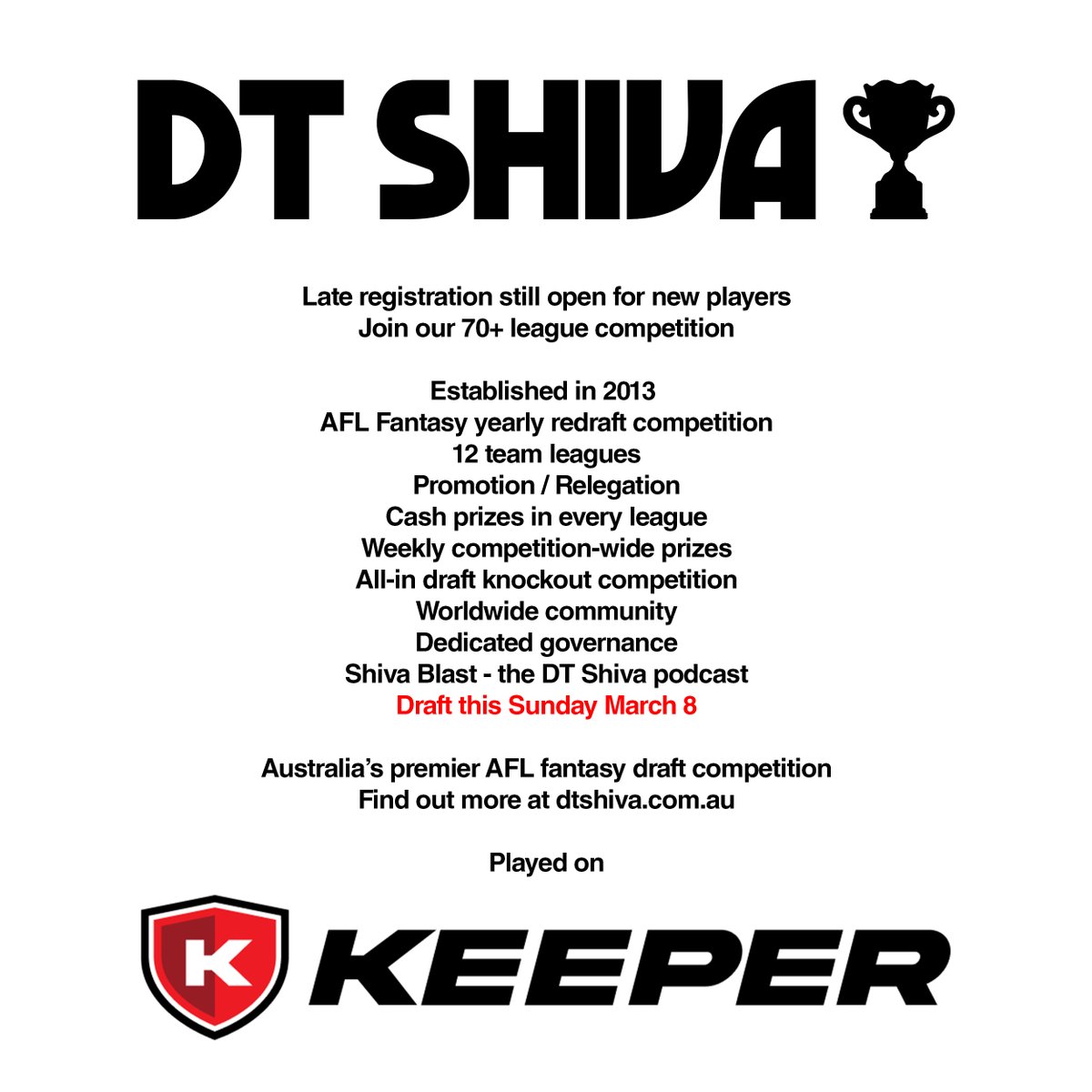DTShiva_'s tweet photo. So we filled a Div 71.
And then we got 2 registrations for Div 72.

10 players are needed to make ONE FINAL league happen. Register today at https://t.co/dXXbsrAgHy.

The draft is TOMORROW Sunday March 8 at 2pm AEDT.

Hit me up with any questions. https://t.co/w2ycGQmDX6