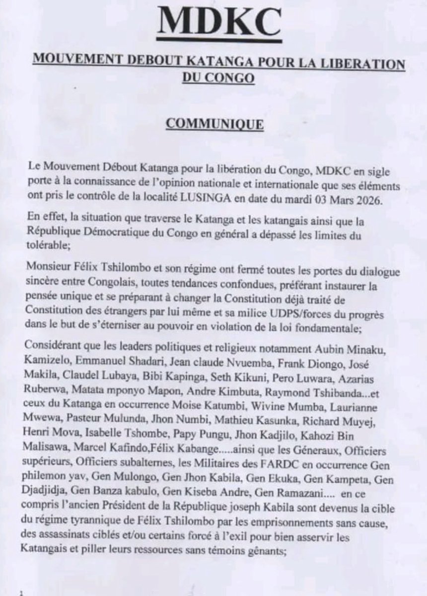 afrikarabia's tweet photo. 🔴#RDC Un groupe armé nommé « Mouvement Debout #Katanga pour la libération du #Congo » #MDKC revendique avoir pris le contrôle de #Lusinga en territoire de #Mittwaba mardi 3 mars sans faire référence à la mort de 5 agents du parc de l’ICCN. Les autorités congolaises indiquent pourtant qu’un calme précaire était revenu dans la zone. L’armée congolaise y effectue des opérations de ratissage selon Radio Okapi. Le #MDKC affirme se battre contre la mauvaise gouvernance de Kinshasa.