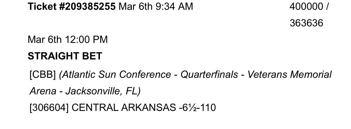 Cashed in the first half/before the game started!

We are going to keep exploiting edges all month do not miss out on this!

Play of the year! Told you biggest edge in 6 months

Central Arkansas-6.5 
400k➡️763k✅

Almost 7 figures before 2:30 eastern!