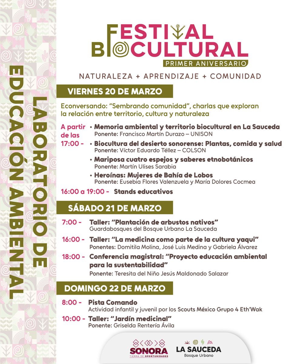 Festival Biocultural | Programa (1/2) 🌿
Programa con talleres, conversatorios, actividades y conciertos.

🌀 20, 21 y 22 de marzo de 2026

📝 Registro: linktr.ee/lasaucedasonora
#SomosBosqueSomosComunidad #RescatamosLaSauceda #TierraDeOportunidades #UnEspacioParaCompartir