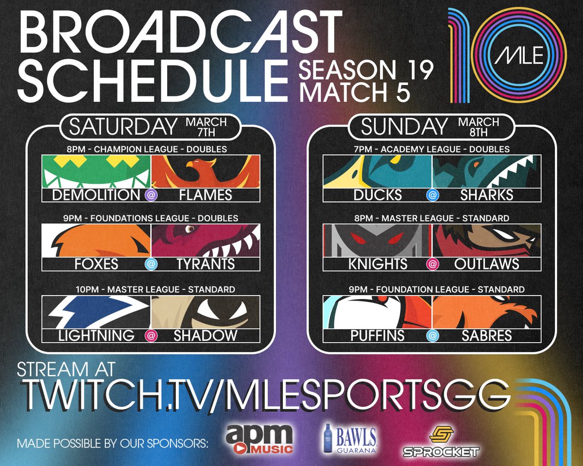 MLEsportsGG's tweet photo. ๐จMATCH 4 WEEKEND | 3/7 - 3/8 ๐จ
Presented by @APMMusic ๐ถ
๐ฃ๏ธ๐ขCAR BALL CAR BALL CAR BALL!:
๐๏ธSaturday 3/7 | Starts @ 8 PM ET
๐๏ธ Sunday 3/8 | Starts @ 7 PM ET
๐บHere: https://t.co/yZRi67JTCs #MLE
#MLESeason19 #RocketLeague #Esports #Match4
๐ฅ
โฝ๐ฅ๐๏ธใฐ๏ธใฐ๏ธใฐ๏ธ
See you there! https://t.co/T0gSNixTV4