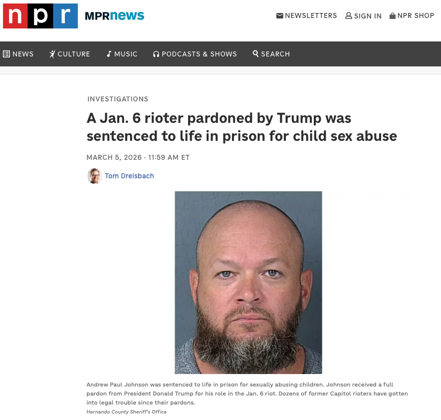 Closed circuit to <a href="/FoxNews/">Fox News</a> - how many segments are you dedicating to this story? You would be wall-to-wall if it were an undocumented person, a person of color, a trans person, etc. npr.org/2026/03/05/nx-…