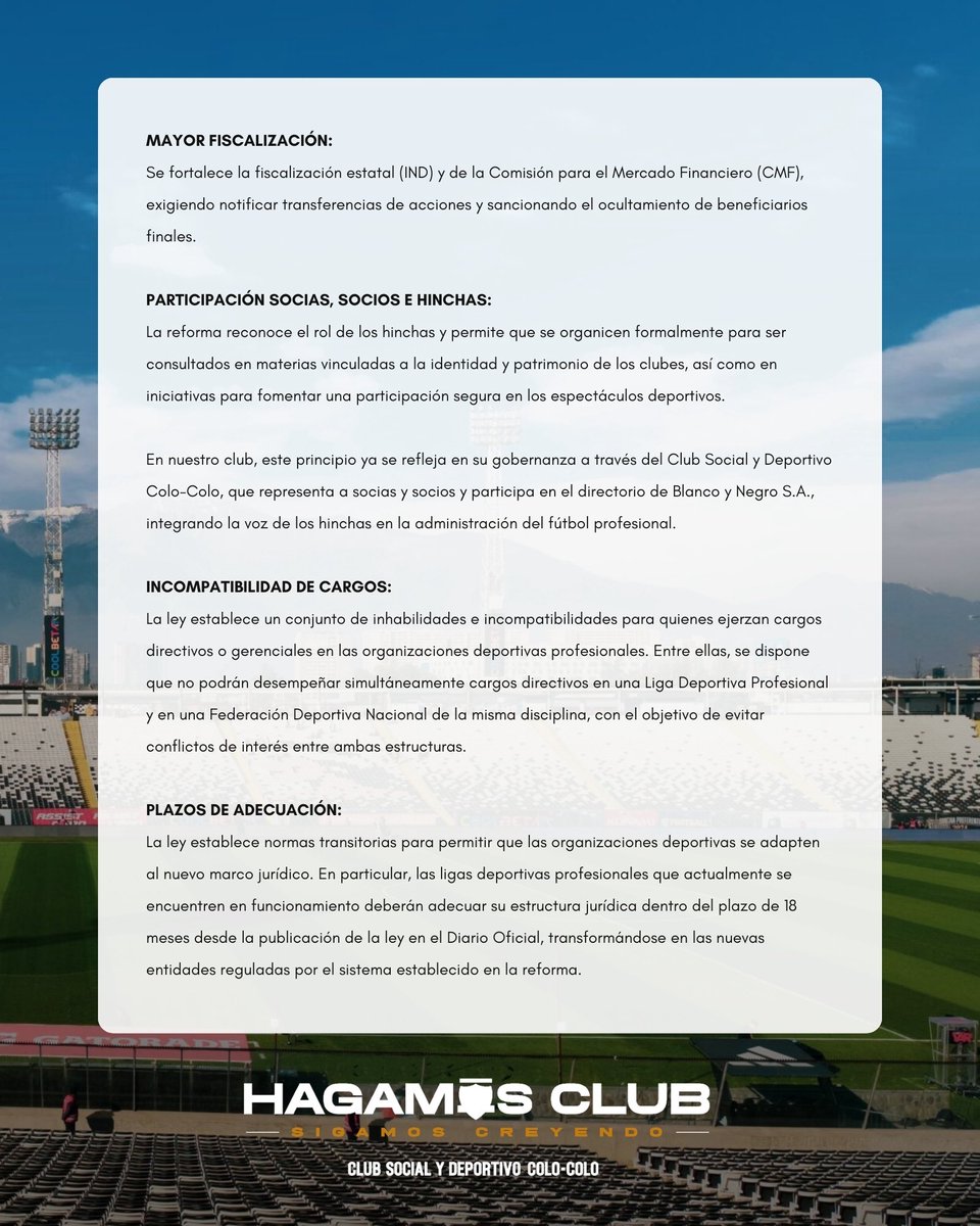 Como Club Social y Deportivo Colo-Colo, impulsores de esta iniciativa desde 2016, valoramos la aprobación del proyecto de ley este miércoles como un avance importante. 

Sin embargo, sabemos que aún queda mucho camino por recorrer y varios aspectos en los que debemos seguir
