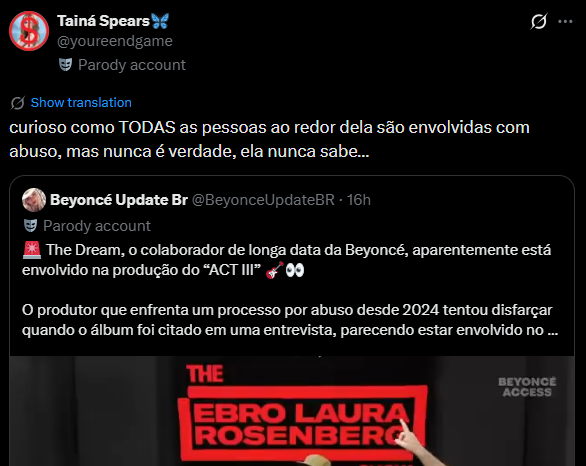 oncehive's tweet photo. 🚨 Beyhive e Beyfans precisam parar de responder essas contas, vcs não percebem que Usam a Beyoncé pra inflar o próprio ego? Se duvidar são as mesmas pessoas ou grupo de pessoas.

Detalhe: A fav deles paga pau pra Beyoncé. https://t.co/Xnc8MFvKXN