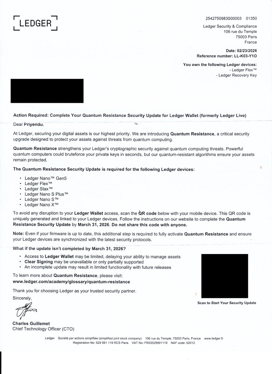 UrbanRaconteur's tweet photo. 🔴 SCAM ALERT: New Physical Phishing Campaign! 🔴
I received this highly sophisticated "Quantum Security Update" in the mail. It is a 100% wallet drainer scam targeting crypto users.

I have redacted my personal info. If you receive such a mail, do NOT scan the QR code. Read the red flags ⬇️