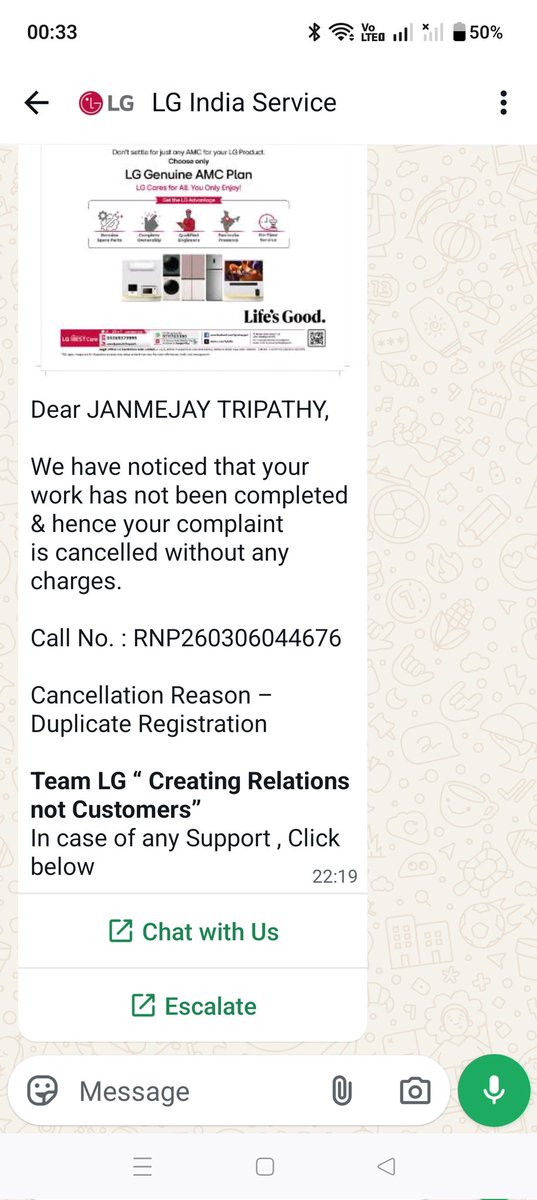 itsjanmejay's tweet photo. Pathetic service from @LGIndia 😡 Item's under warranty & they cancelled my request after 7-8 days of follow-up 🙄. See screenshot. Not recommending LG to anyone.. worst experience.. #LGFail #PoorService @LGUS @LGE_Global @LGIndiaConnect https://t.co/Imf5ot33f8