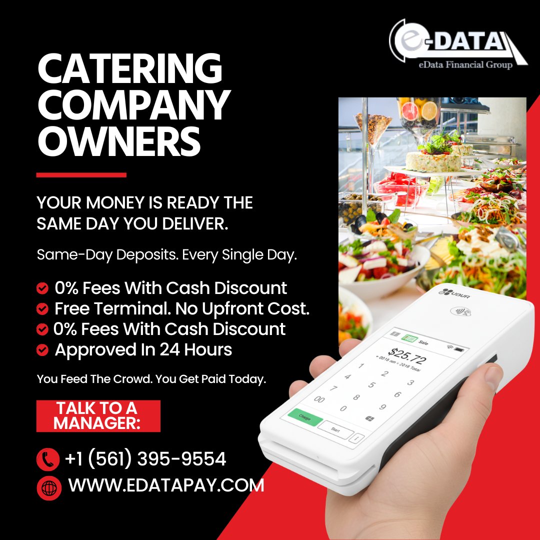 Good news for every catering company owner out there.
You plan the menu. You prep the food. You show up on time and deliver every single time. A big event means a big payment coming your way. The last thing you need is to wait 3 days to see that money in your account.
eDataPay...