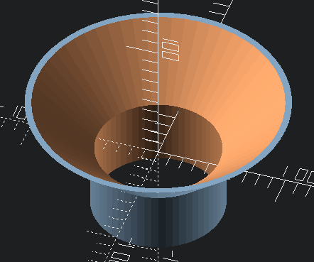 MontbaZine's tweet photo. @aaronpardes Here' how I did it :

$fn=60;

    difference(){
    union(){
    cylinder(r1=51,r2=100,h=50);
    translate([0,0,-50])
    cylinder(r=51,h=50);}
    
    translate([0,0,4])
    union(){
    cylinder(r1=48,r2=97,h=48);
    translate([0,0,-55])
    cylinder(r=48,h=60);}} https://t.co/Xzgci964ap