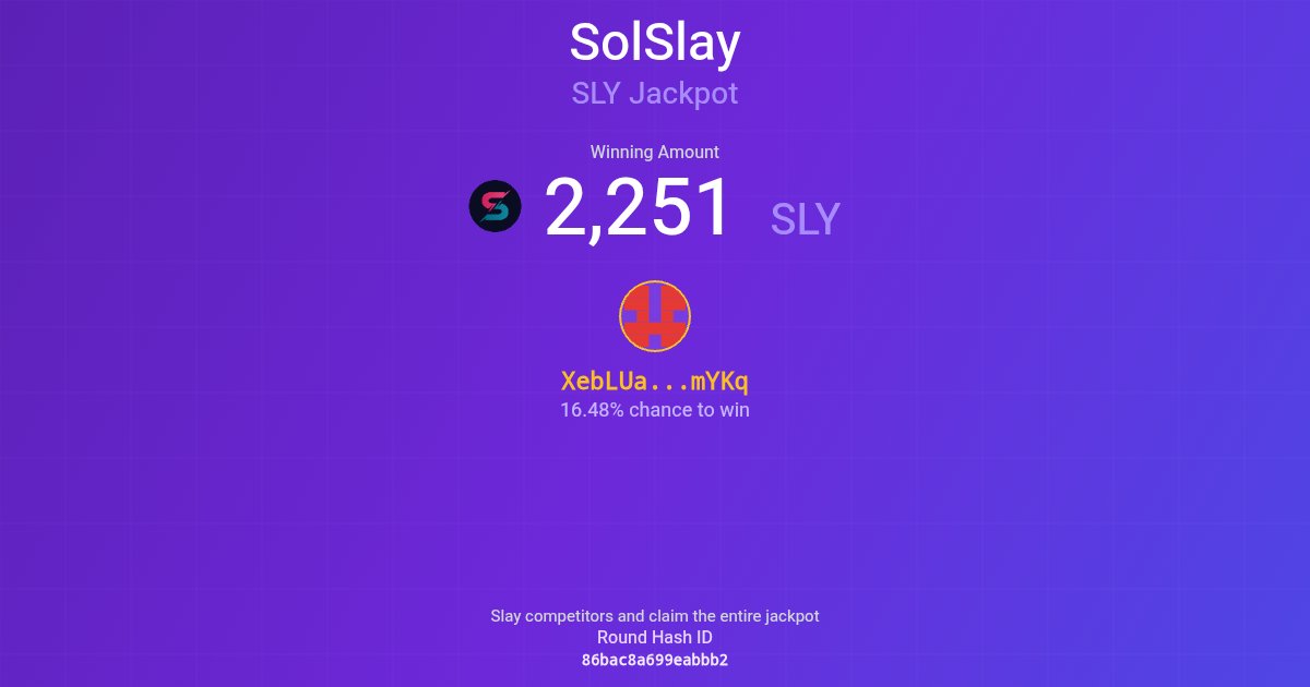 🟣 Last SLY Jackpot Winner!

🎊 Congratulations to the latest jackpot winner! 

🎁 Amount Won: 2251 #SLY
🎯 Winning Chance: 16.48%
🔁 Round: 86bac8a...bbb2
👤 Winner: XebLUa...mYKq

👏 Well played!