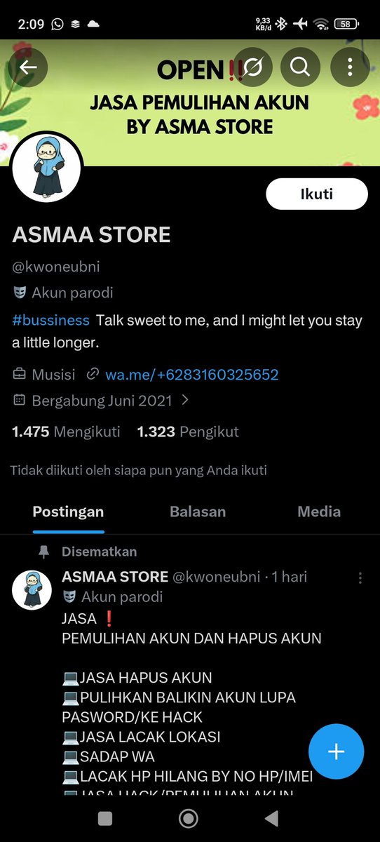 caaiaal's tweet photo. asmaa store penipuan 083160325652

BANK BCA
8230701963
Asmawati

jasa pemulihan akun jasa pulihkan akun
bodong penipuan di minta bayar terus, jangan sampe ketipu guys
#zonauang #zonajajan️️ #zonaba https://t.co/1gBfokquOl