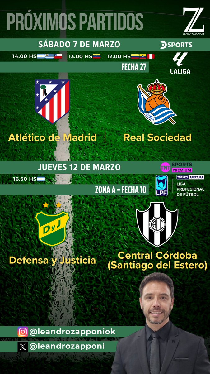 leandrozapponi's tweet photo. Así se vienen mis próximos días de #fútbol ⚽️
Sábado con un partidazo de la #fecha27 de @laliga 🇪🇸 por @DSports 📺y, entre semana, con la vuelta a la activadad de la @LigaAFA 🇦🇷 con la #fecha10 del #TorneoApertura por @TNTSportsAR 📺
Los esperamos!
😀☝️🐸⚽️
#NoTeLoPodésPerder https://t.co/pvDk1MAVwo