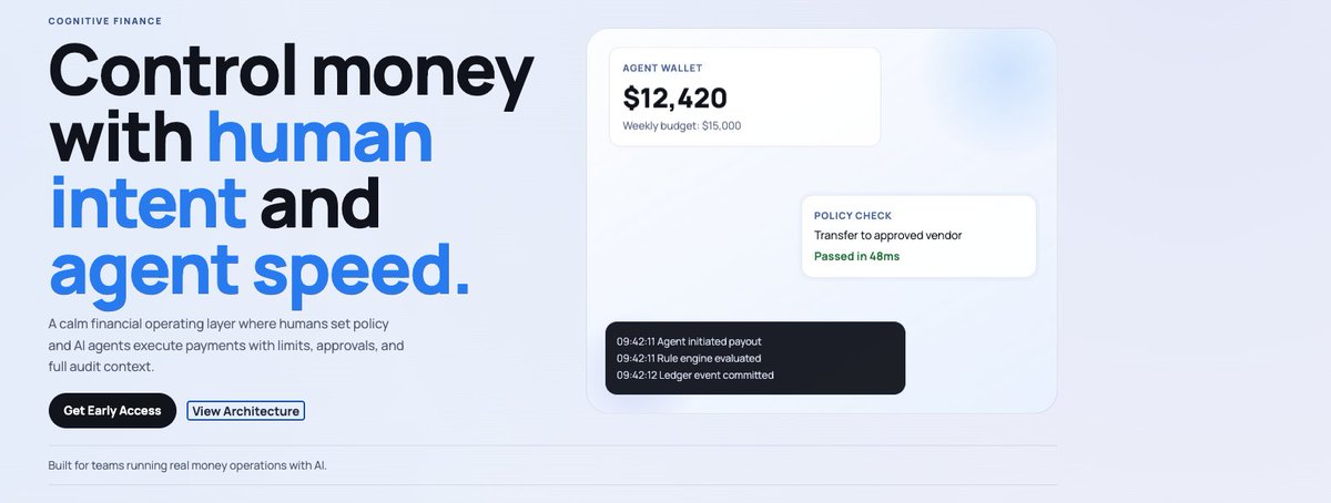 Abbylester's tweet photo. Launching something new soon.

A system where:

Humans set the intent
AI agents handle the payments

• Check rules
• Check budget
• Verify vendor
• Send payment
• Keep full records

All in seconds.

Sharing an early design, would love simple feedback on the UI and idea. https://t.co/yzqMncq0NG