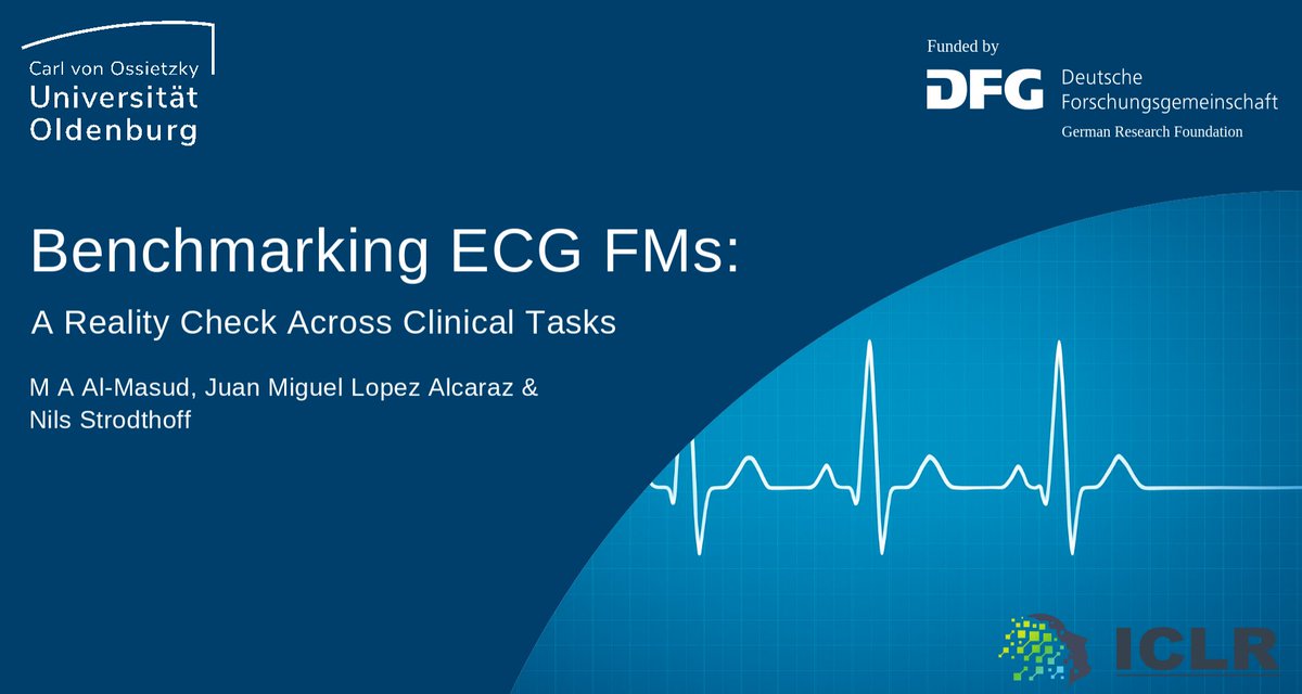 nstrodt's tweet photo. Our work on benchmarking foundation models for electrocardiography has been accepted at ICLR2026! We benchmarked 7 ECG FMs (proposed a highly efficient FM based on CPC ourselves) on 26 tasks across 12 datasets, looked into label efficiency and representational similarity https://t.co/JU4d5OpemY